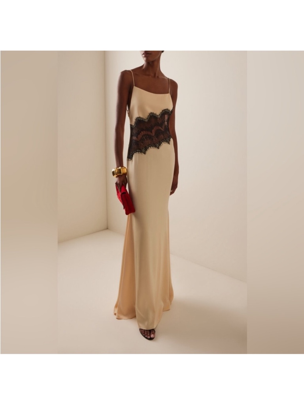 Elegant Cream Slip Gown with Black Lace Waist Detail
